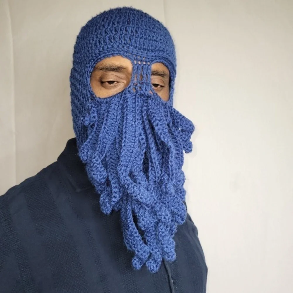 Handmade Crochet Cthulhu Balaclava Mask Blue Octopus‎ Kraken Tentacle Ski Mask